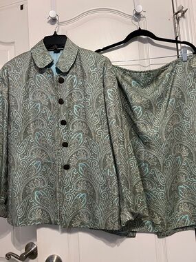 Linda Allard Ellen Tracy Turquoise, Black & Gold Paisley Jacket Sz 10 Skirt 12